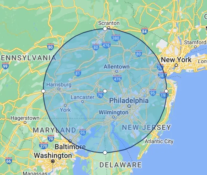Service area map covering eastern Pennsylvania and New Jersey
